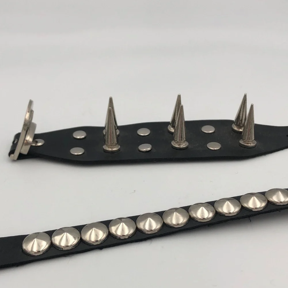 Mens Bracelet Set of 2 New Black Silver-tone Studded And Spikes - Picture 3 of 7